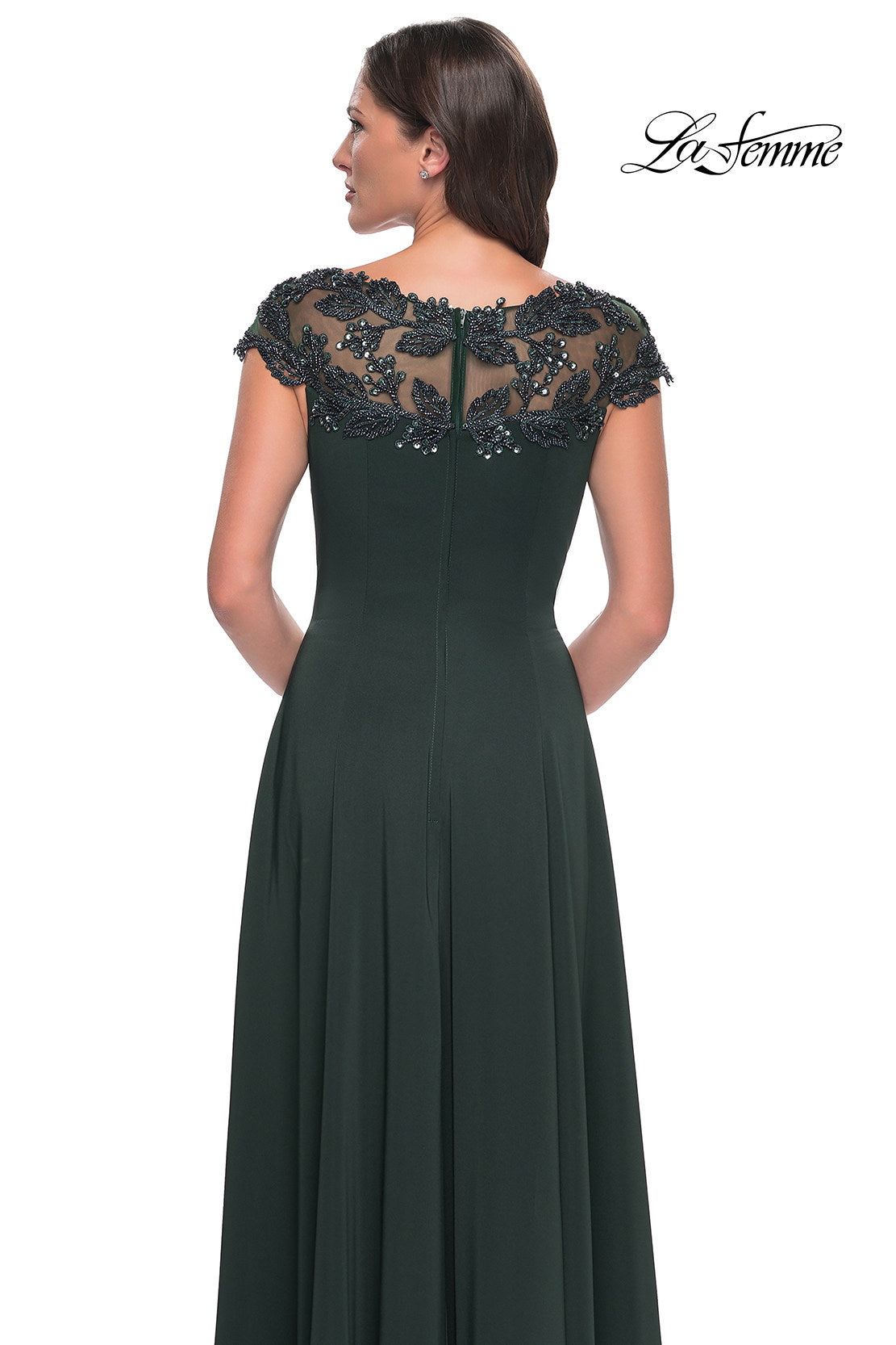 Picture of: A-Line Satin Dress with Stunning Beaded Neckline and Short Sleeves in Emerald, Style: 31195, Detail Picture 4