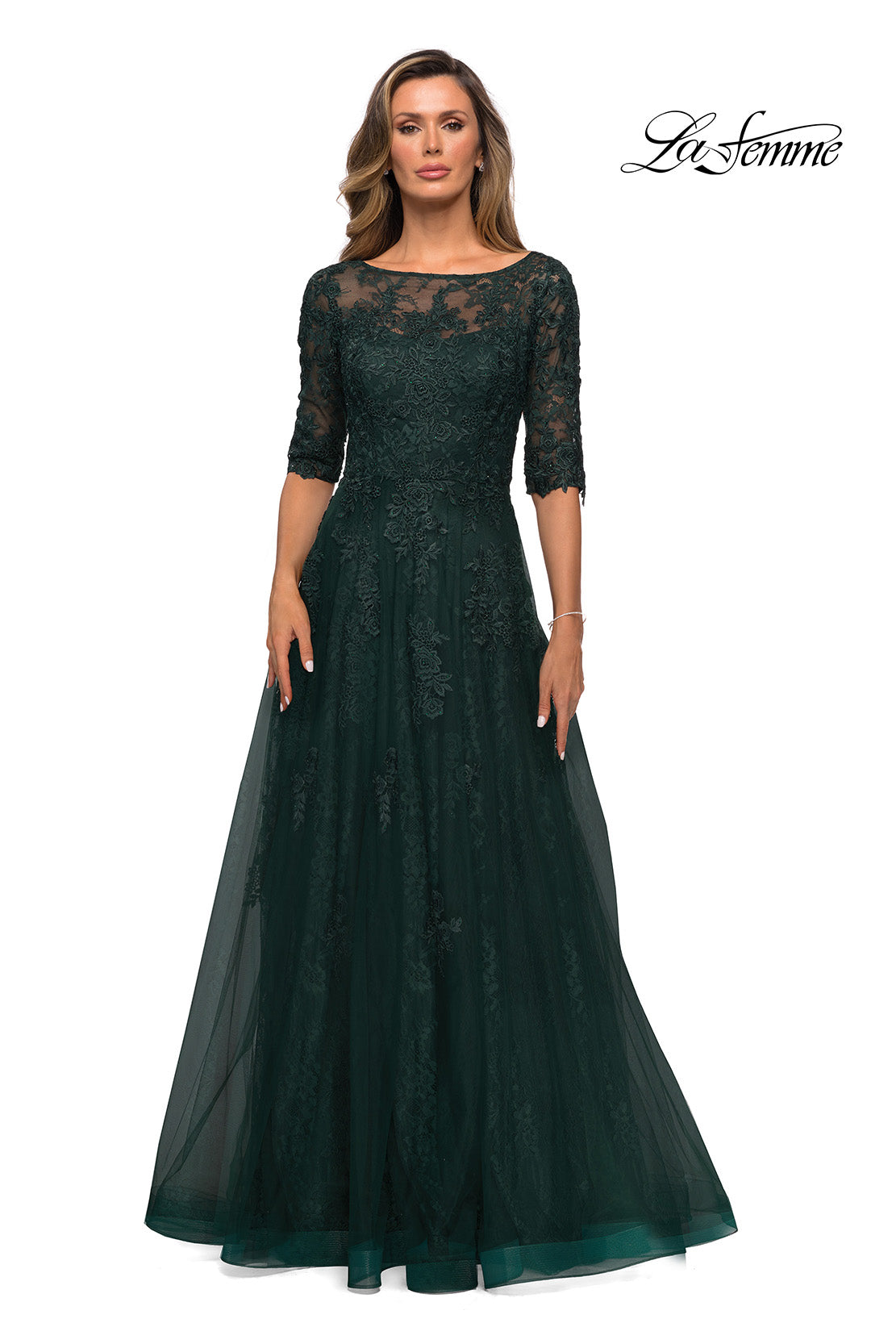 Picture of: Lace and Tulle A-line Gown with Three Quarter Sleeves, Style: 28036, Detail Picture 6