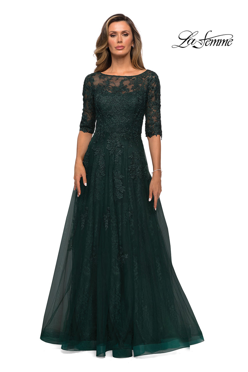 Picture of: Lace and Tulle A-line Gown with Three Quarter Sleeves, Style: 28036, Detail Picture 6