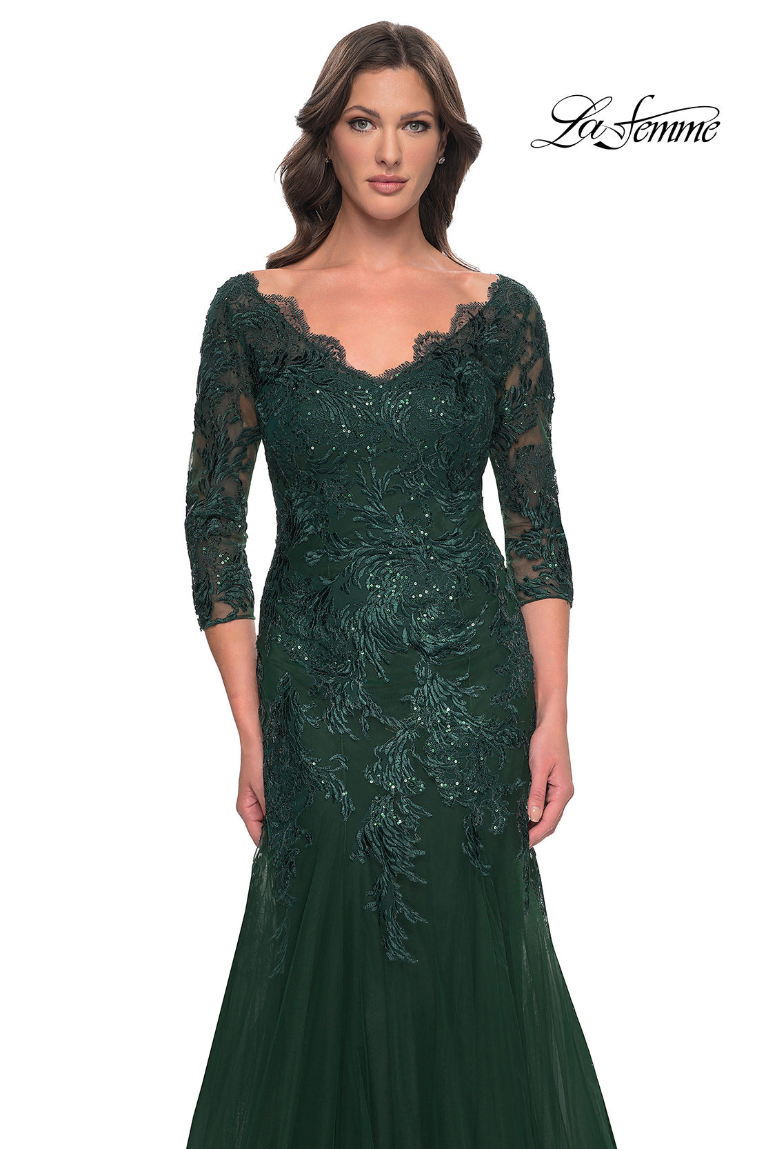 Picture of: Mermaid Tulle and Lace Dress with Scallop Detailed Neckline in Emerald, Style: 30823, Detail Picture 7