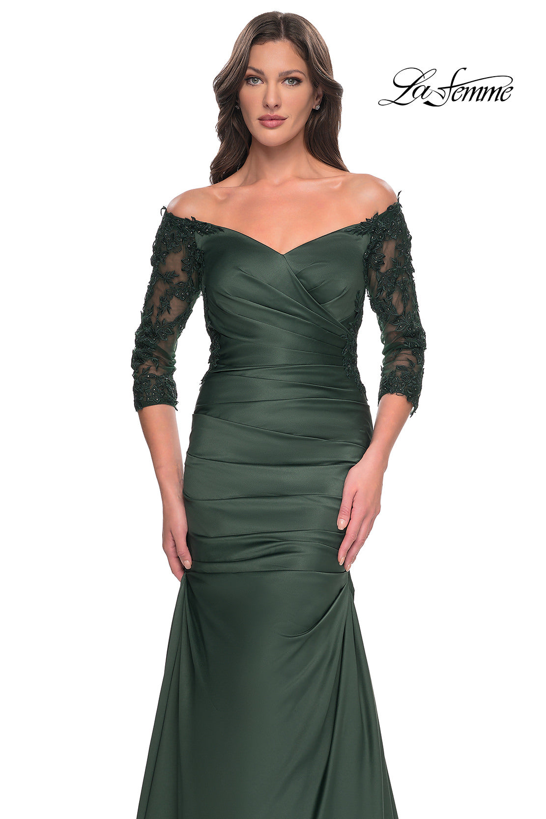 Picture of: Mermaid Satin Dress with Gathering and Off the Shoulder Top in Emerald, Style: 30853, Detail Picture 7