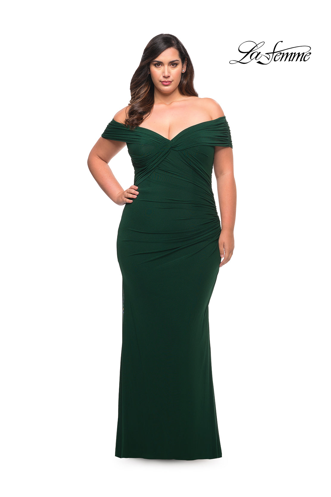 Picture of: Long Net Jersey Plus Dress with Bodice Design in Emerald, Style: 29635, Main Picture