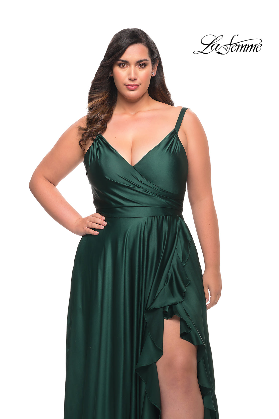 Picture of: Ruffle Slit Satin Long Plus Size Dress with V Neck in Emerald, Style: 29740, Detail Picture 9