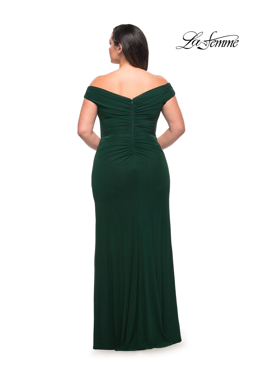 Picture of: Flattering Ruched Off the Shoulder Plus Size Dress in Emerald, Style: 29722, Back Picture