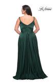 Picture of: Ruffle Slit Satin Long Plus Size Dress with V Neck in Emerald, Style: 29740, Back Picture