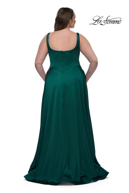 Picture of: A-line Satin Plus Prom Dress with Rhinestone Neckline in Emerald , Style: 33026, Back Picture