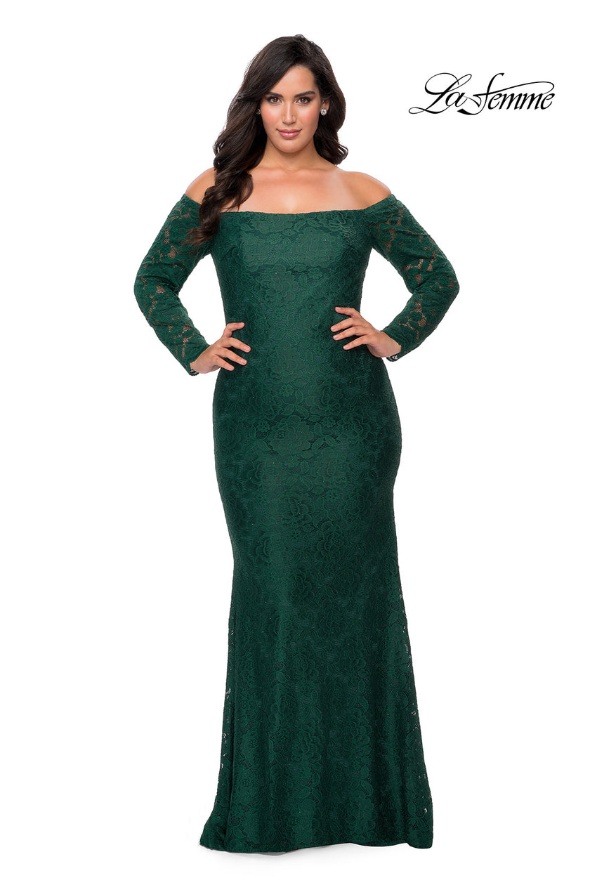 Picture of: Long Sleeve Off The Shoulder Lace Plus Size Dress in Emerald, Style: 28859, Detail Picture 1