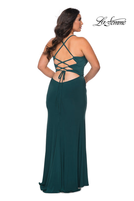 Picture of: Jersey Plus Size Dress with Slit and Lace Up Back in Emerald, Style: 29055, Detail Picture 1