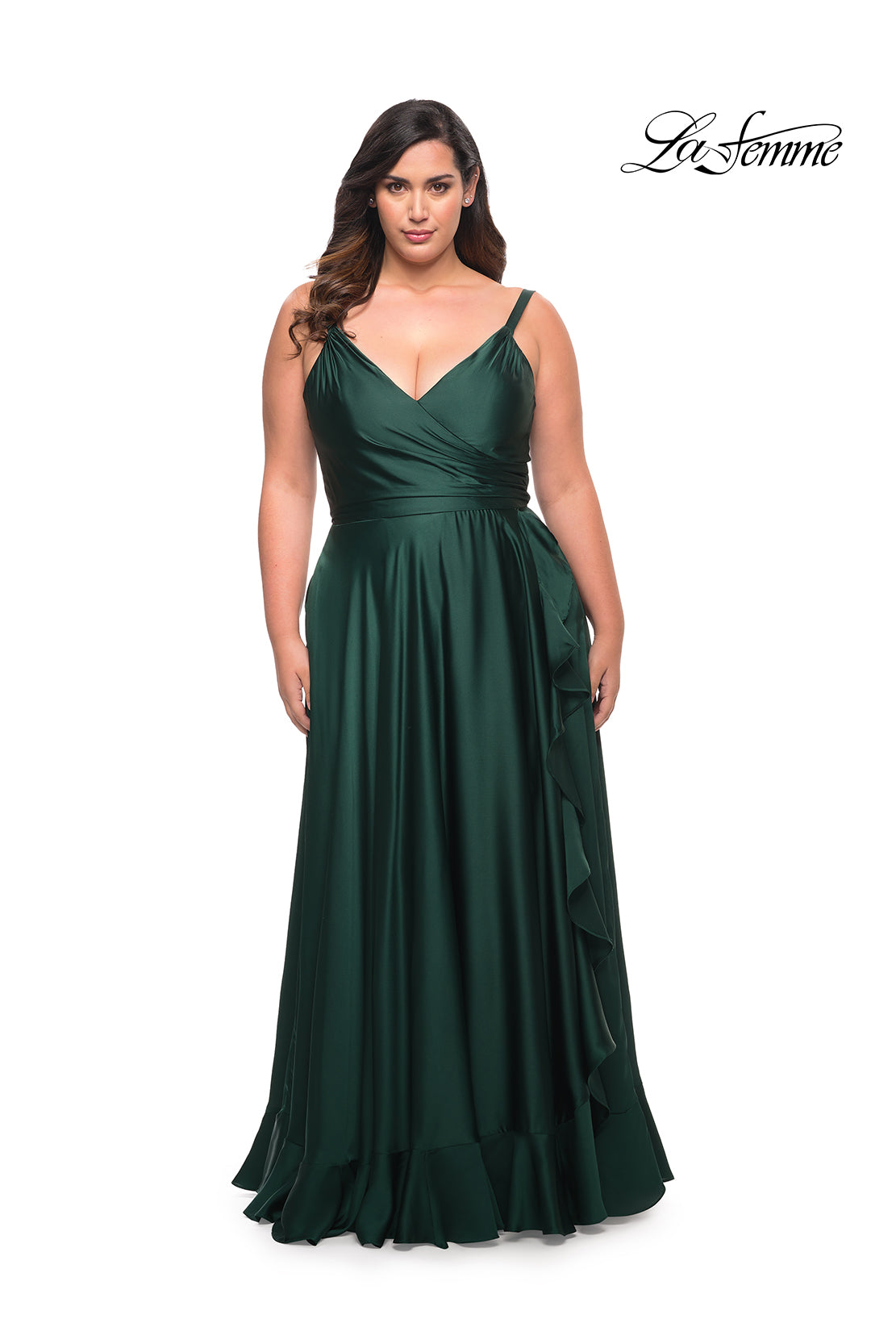 Picture of: Ruffle Slit Satin Long Plus Size Dress with V Neck in Emerald, Style: 29740, Detail Picture 3