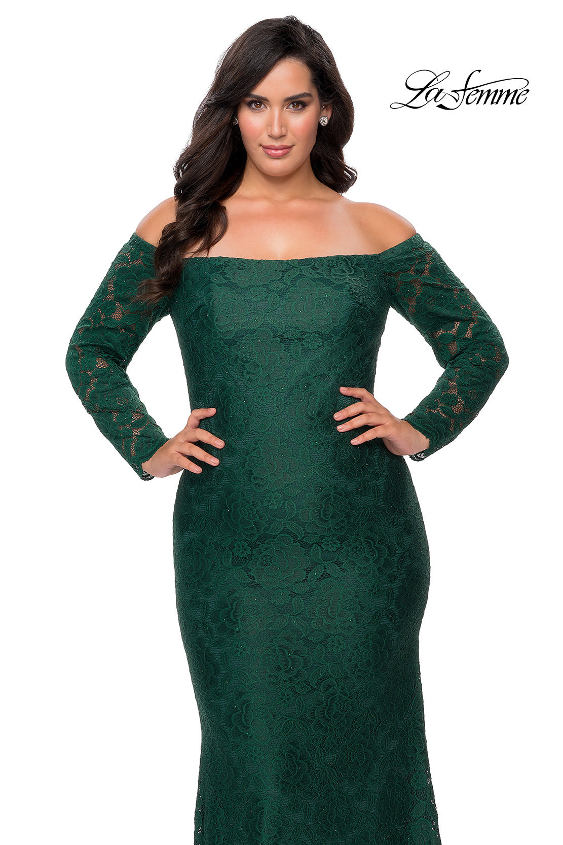 Picture of: Long Sleeve Off The Shoulder Lace Plus Size Dress in Emerald, Style: 28859, Detail Picture 7
