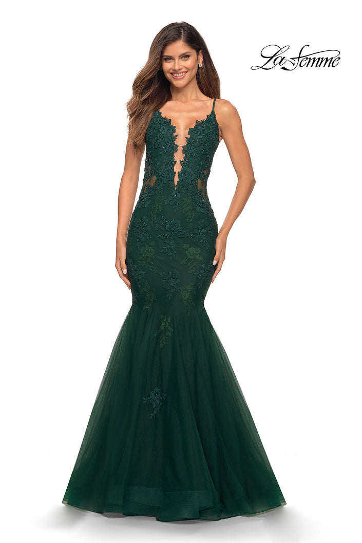 Picture of: Tulle and Lace Mermaid Gown in Jewel Tones in Emerald, Main Picture