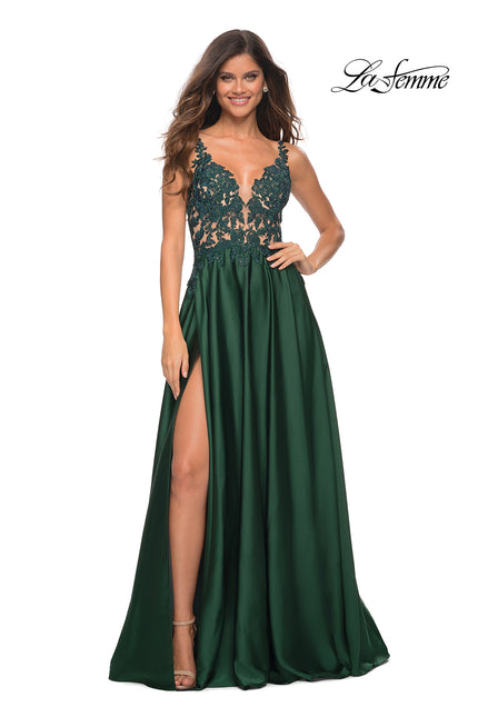 Picture of: Gorgeous Satin Gown with Sheer Lace Bodice in Emerald, Main Picture