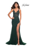 Picture of: Lace Dress with High Side Slit and V Neckline in Emerald, Main Picture