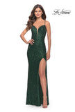 Picture of: Stretch Sequin Gown with Deep V Neck and Tie Back in Emerald, Style: 31072, Main Picture