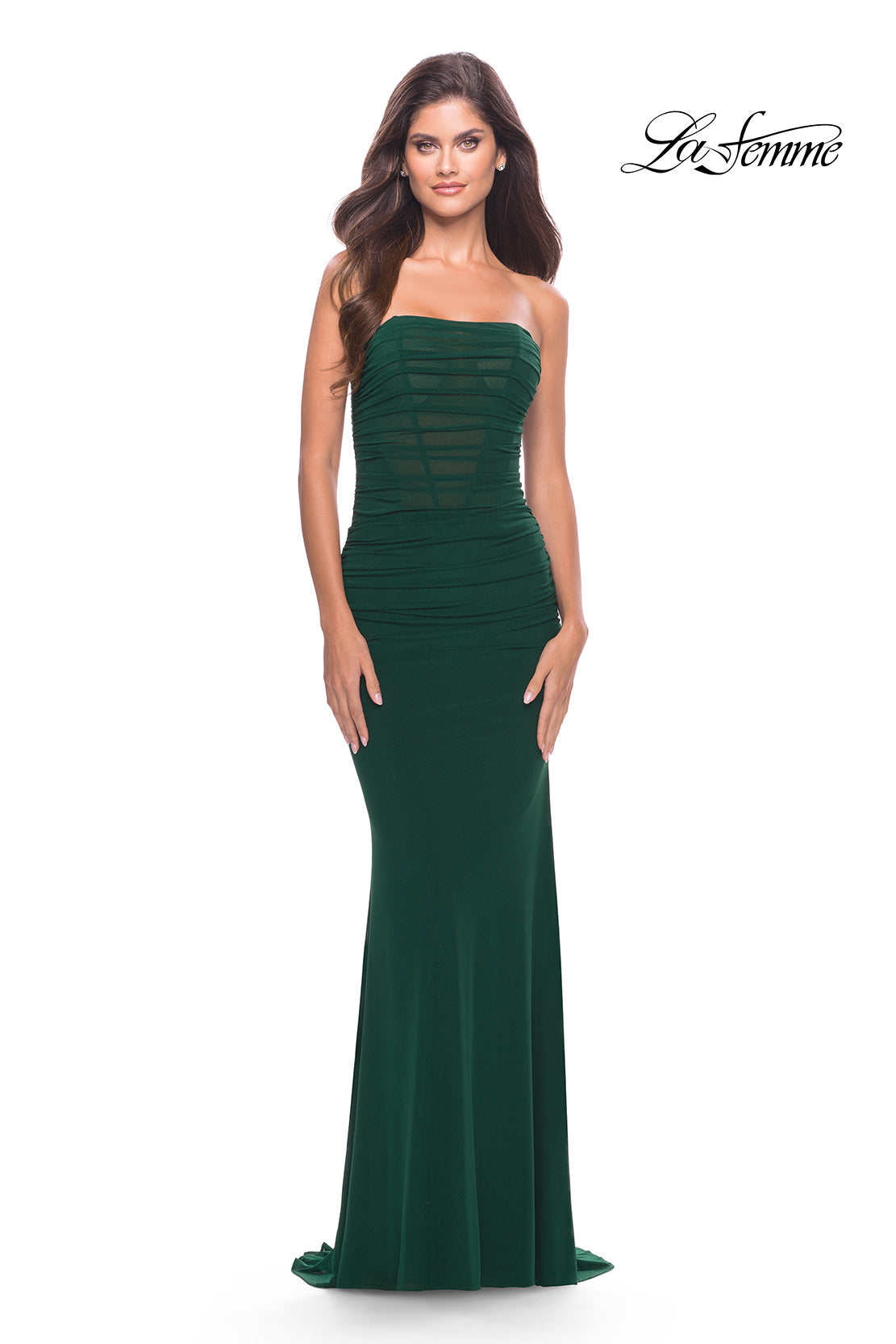 Picture of: Strapless Net Jersey Dress with Illusion Bodice in Emerald, Style: 31584, Main Picture