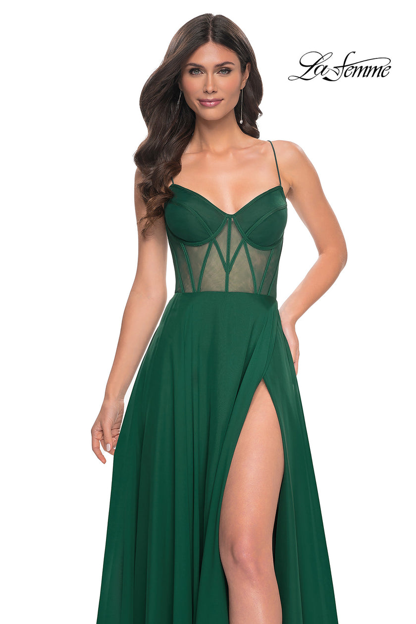Picture of: Chiffon Gown with Illusion Bustier Top and Lace Up Back in Green, Style: 32296, Main Picture