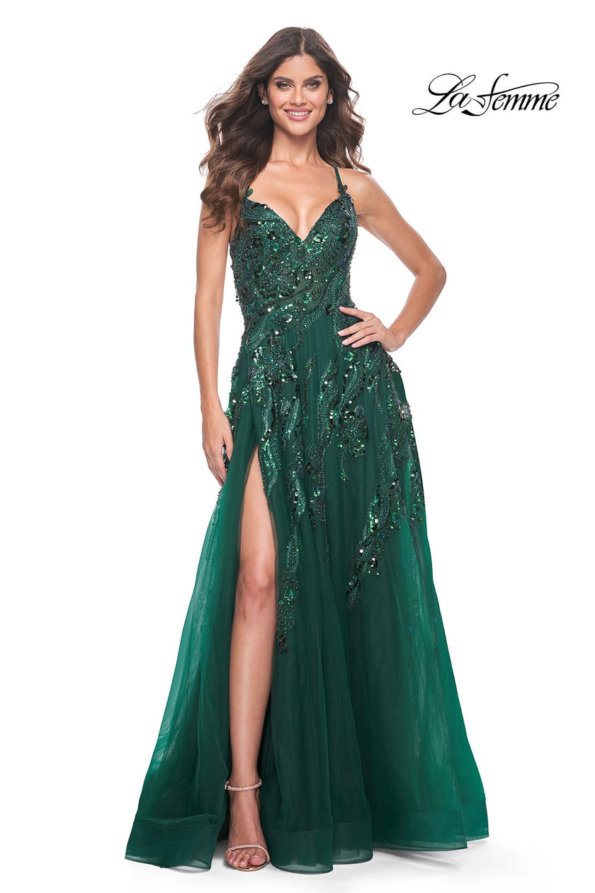 Picture of: Fabulous A-Line Gown Embellished with Sequin Beaded Applique in Jewel Tones in Emerald, Style: 32346, Main Picture