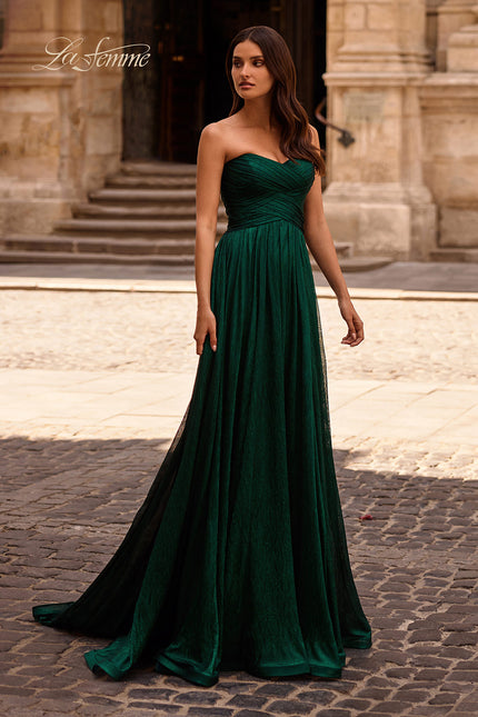 Picture of: Textured Chiffon Flowy Strapless Evening Dress in Emerald , Style 32382, Main Picture