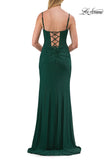 Picture of: Ruched Jersey Gown with Lace-Up Back and High Slit in Emerald, Style: 33298, Detail Picture 8