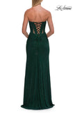Picture of: Strapless Rhinestone Gown with Sheer Cutouts, Lace-Up Back, and High Slit in Emerald, Style: 33327, Detail Picture 8