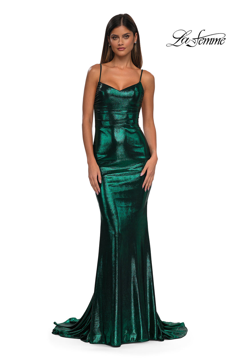 Picture of: Metallic Jersey Dress with Low Back and Ruching in Emerald, Style: 32932, Detail Picture 9