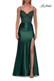 Picture of: Lace and Satin Fitted Gown with High Slit and Spaghetti Straps in Emerald, Style: 33325, Detail Picture 9