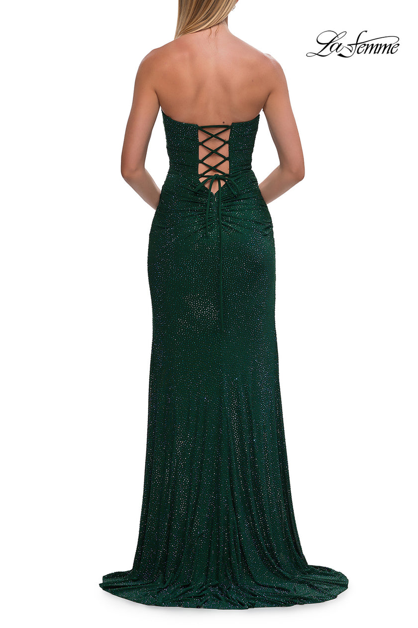 Picture of: Strapless Fitted Rhinestone Gown with Slit and Lace-Up Back in Emerald, Style: 33383, Detail Picture 10