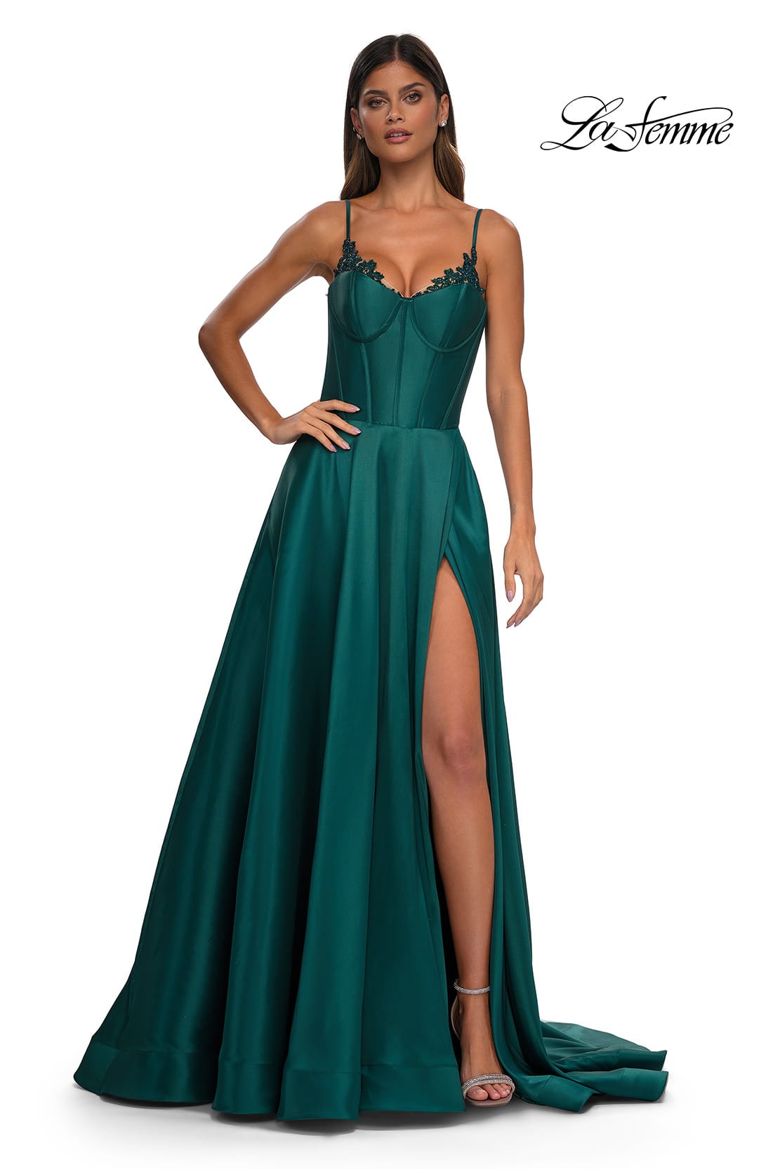 Picture of: Mikado A-line Gown with Lace Detail Neckline in Emerald, Style: 32878, Detail Picture 11