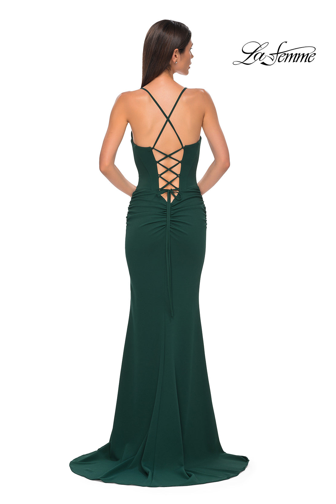 Picture of: Ruched Long Jersey Dress with Draped Rhinestone Neckline in Emerald , Style 32802, Detail Picture 12