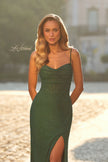Picture of: Rhinestone Fitted Gown with Draped Bodice and Sheer Corset Back in Emerald, Style: 33343, Detail Picture 14