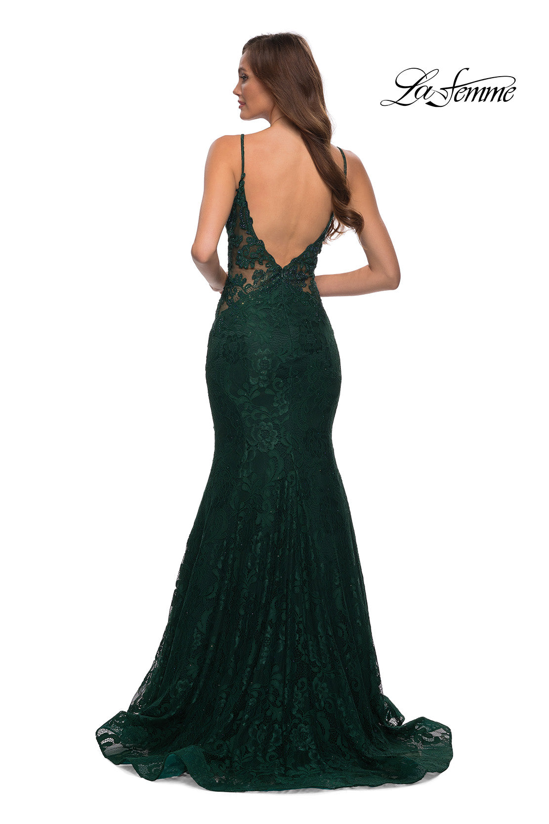 Picture of: Long Mermaid Lace Dress with Back Rhinestone Detail in Emerald, Style: 28355, Detail Picture 16