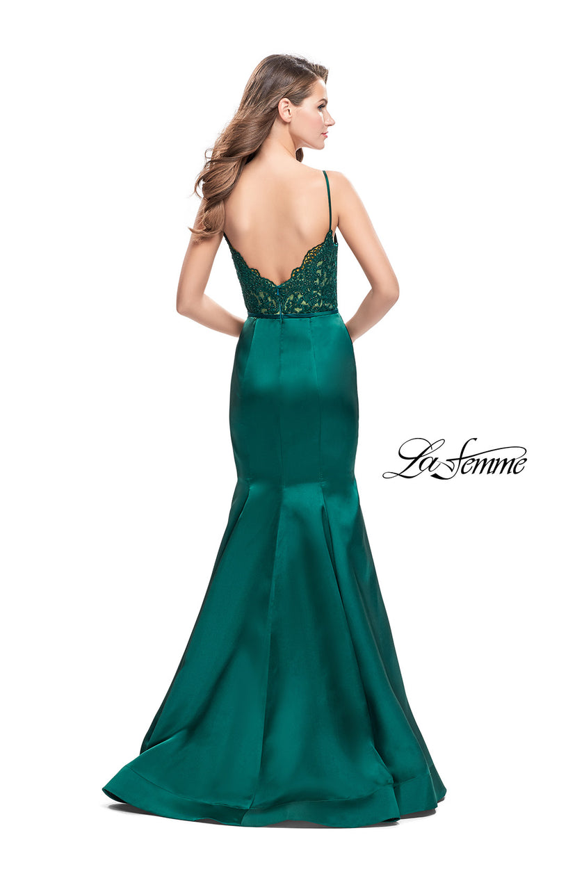Picture of: Mikado Prom Dress with Lace Beaded Bodice and Low Back in Emerald, Style: 25751, Back Picture