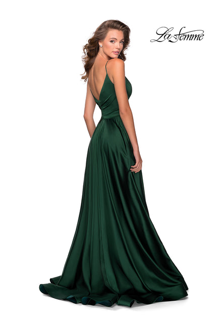 Picture of: Long Satin Dress with Side Slit and V Shaped Back in Emerald, Style: 28607, Back Picture