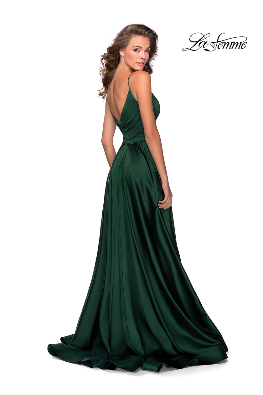 Picture of: Long Satin Dress with Side Slit and V Shaped Back in Emerald, Style: 28607, Back Picture