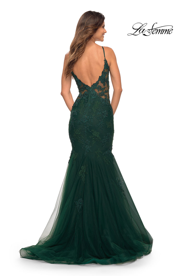 Picture of: Tulle and Lace Mermaid Gown in Jewel Tones in Emerald, Back Picture