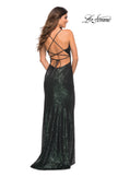 Picture of: Long Sequin Gown in Jewel Tones with V Neckline in Emerald, Back Picture