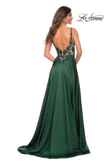 Picture of: Gorgeous Satin Gown with Sheer Lace Bodice in Emerald, Back Picture