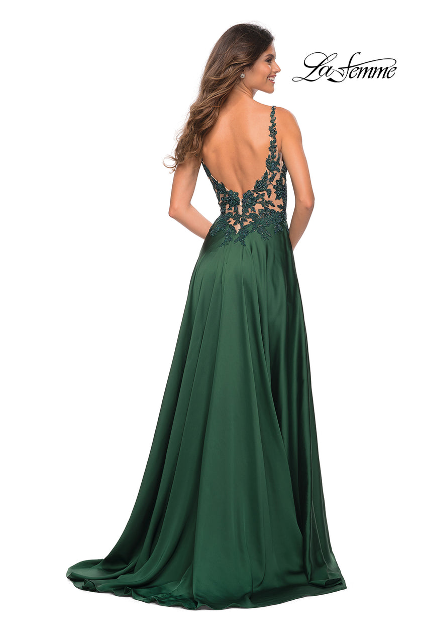 Picture of: Gorgeous Satin Gown with Sheer Lace Bodice in Emerald, Back Picture
