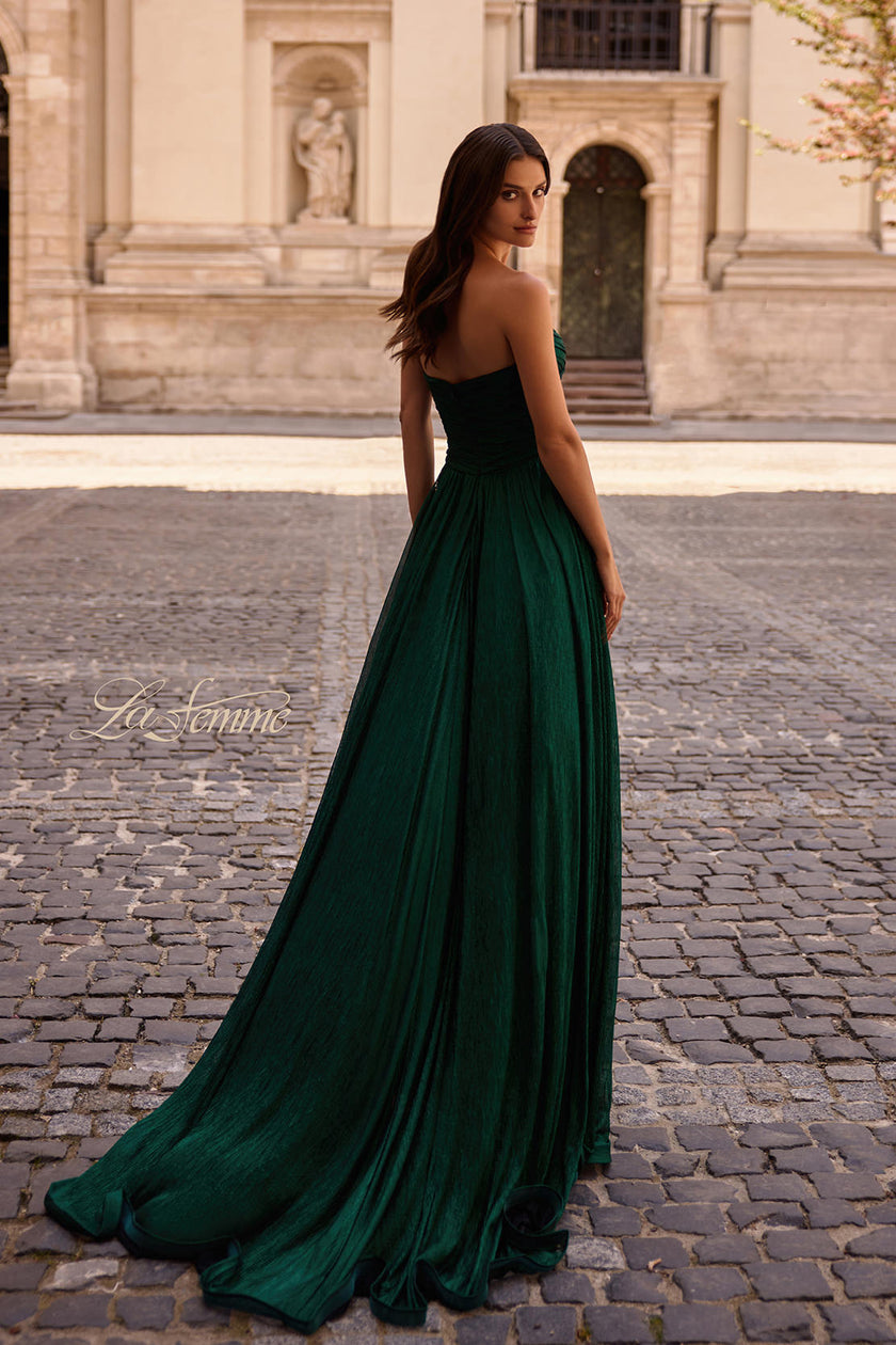 Picture of: Textured Chiffon Flowy Strapless Evening Dress in Emerald , Style 32382, Back Picture