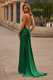 Picture of: Satin Gown with Cowl Neck and Open Back in Emerald, Style: 33193, Back Picture