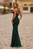 Picture of: Ruched Jersey Evening Gown with Draped Neckline and Sheer Corset Back in Emerald, Style: 33415, Back Picture