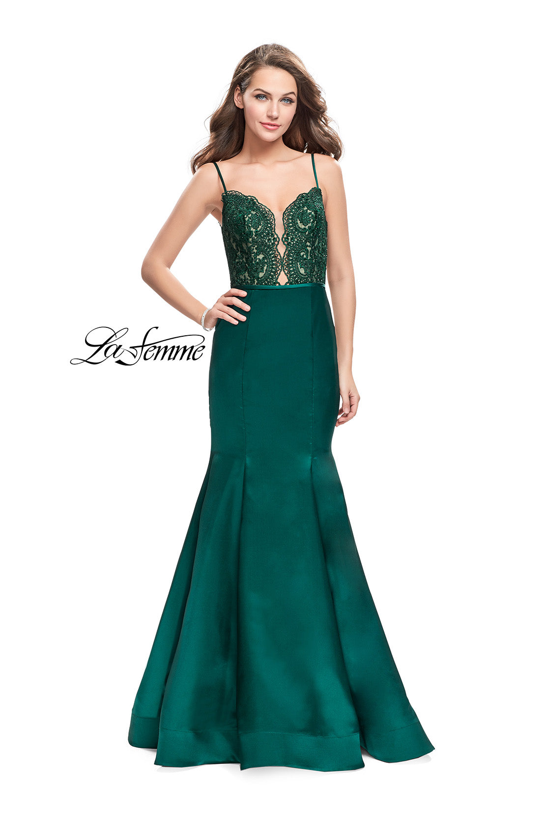 Picture of: Mikado Prom Dress with Lace Beaded Bodice and Low Back in Emerald, Style: 25751, Detail Picture 1