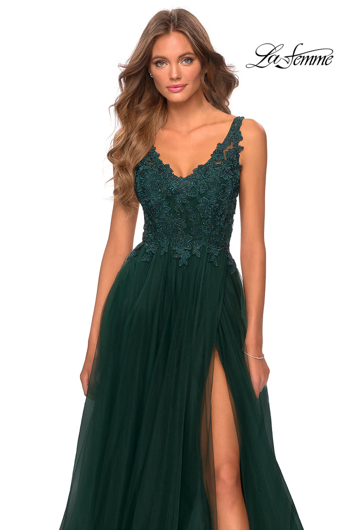 Picture of: Pretty A-line Prom Dress with Sheer Floral Bodice in Emerald, Style: 28680, Detail Picture 1