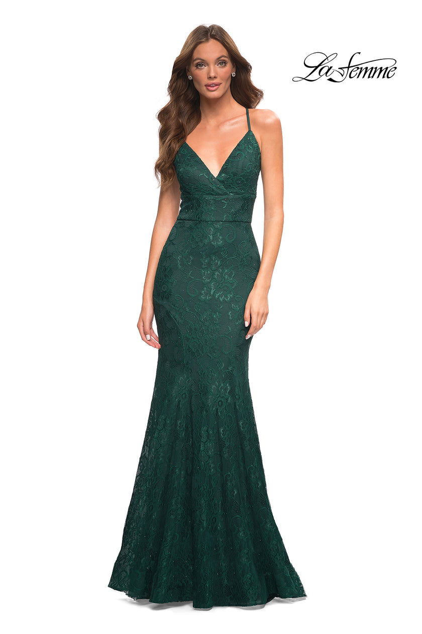 Picture of: Stretch Lace Gown with Flattering Seams at Waist in Emerald, Detail Picture 1