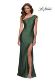 Picture of: One Shoulder Shiny Ruched Jersey Gown with Slit in Emerald, Style: 30645, Detail Picture 1