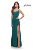 Picture of: Simple Chic Long Jersey Gown with Square Neckline in Emerald, Style: 31071, Detail Picture 1