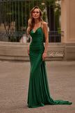 Picture of: Satin Gown with Cowl Neck and Open Back in Emerald, Style: 33193, Detail Picture 1