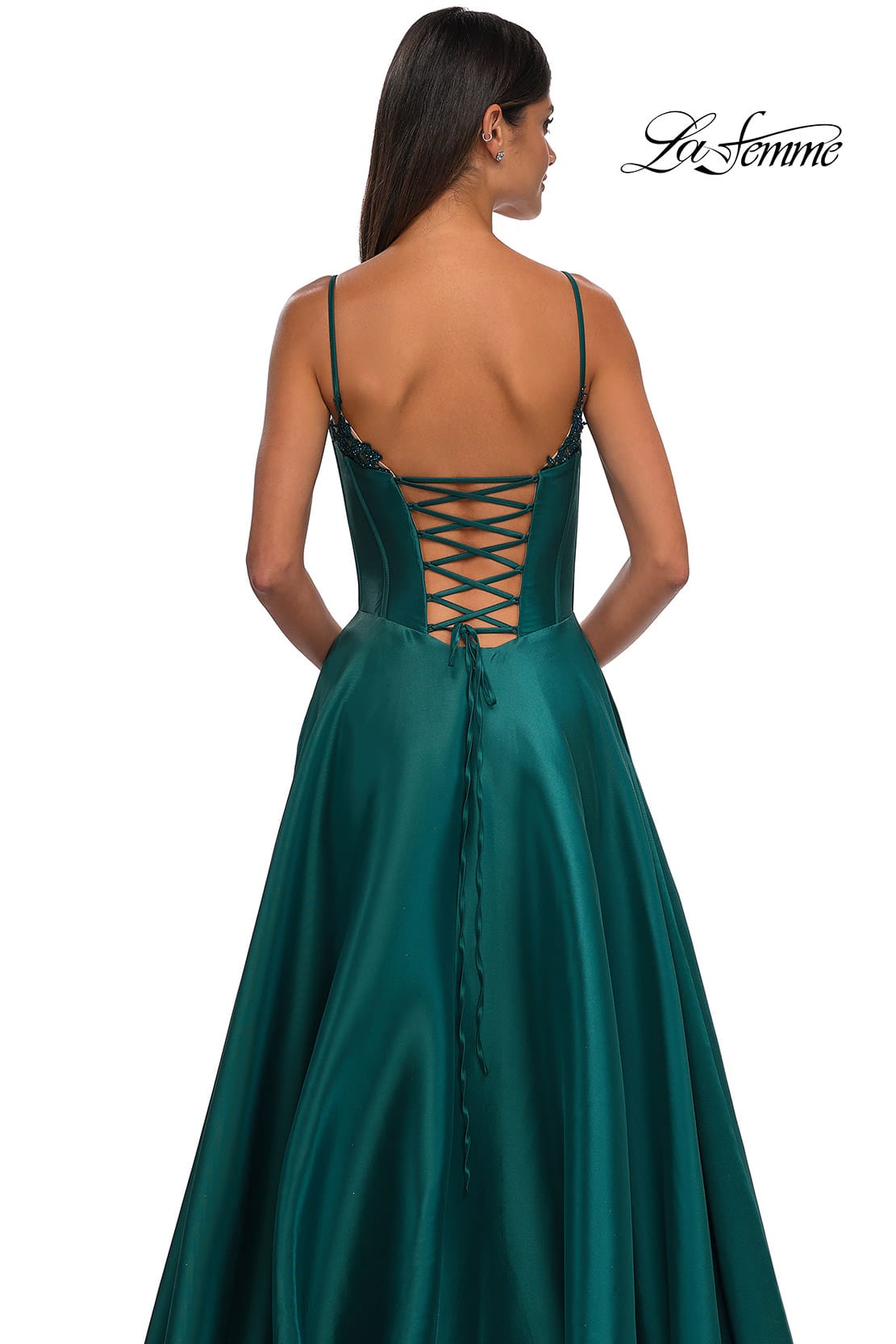 Picture of: Mikado A-line Gown with Lace Detail Neckline in Emerald, Style: 32878, Detail Picture 31