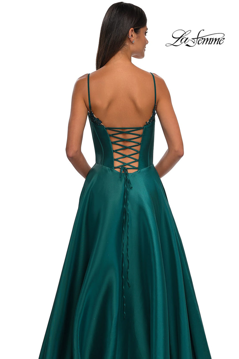 Picture of: Mikado A-line Gown with Lace Detail Neckline in Emerald, Style: 32878, Detail Picture 31
