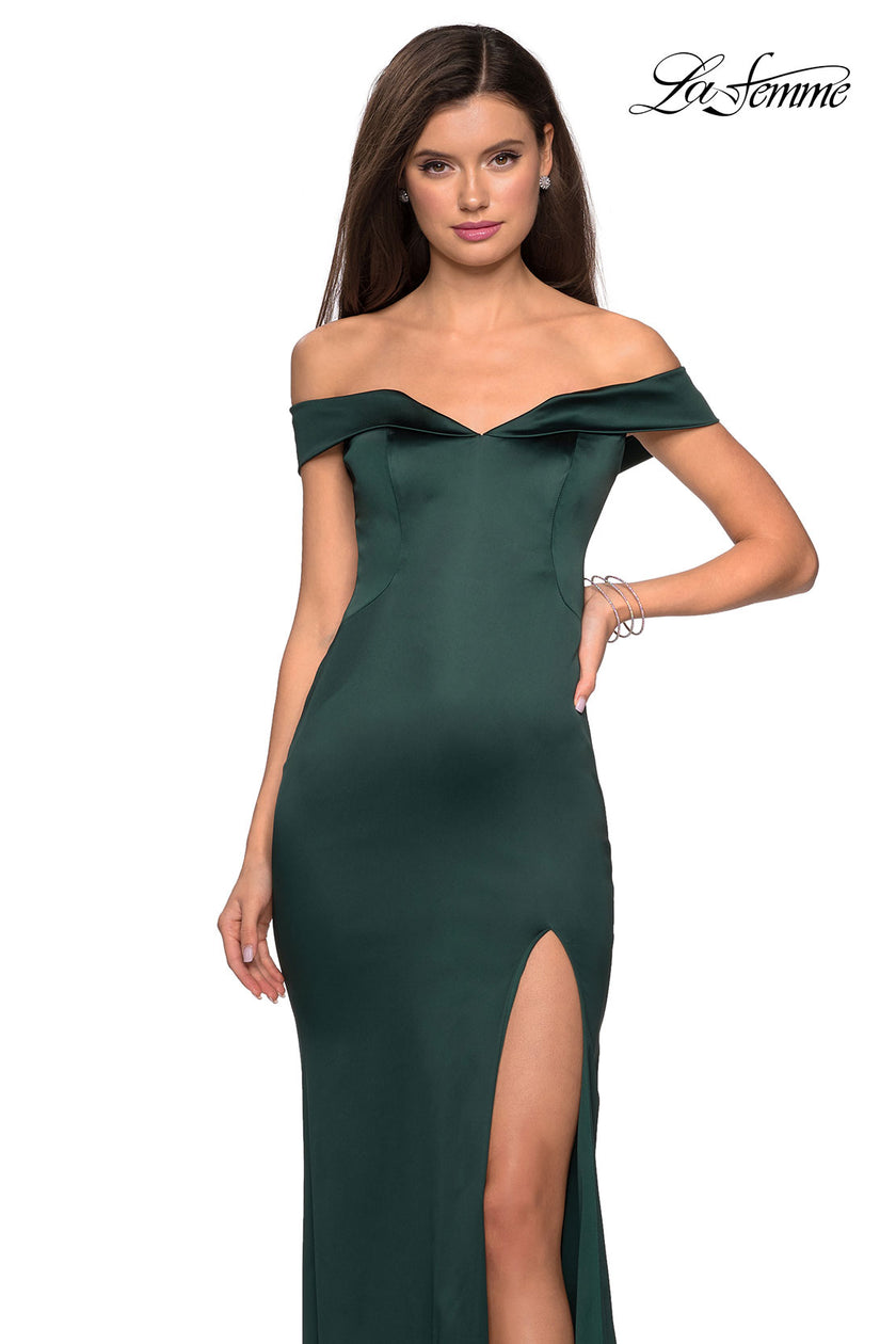 Picture of: Form Fitting Off the Shoulder Satin Prom Dress in Emerald, Style: 27752, Detail Picture 2